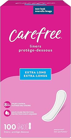 Carefree Panty Liners for Women, Extra Long, Unwrapped, Unscented, 100ct |Pantiliners, Carefree Liners, Daily Liners for Women, Light Periods and Leaks, 8-Hour Odor Control|100ct (Packaging May Vary)