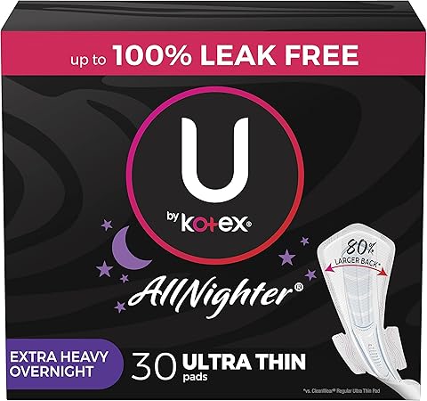 U by Kotex AllNighter Extra Heavy Overnight Feminine Pads with Wings, Ultra Thin, 30 Count (3 Packs of 10) (Packaging May Vary)