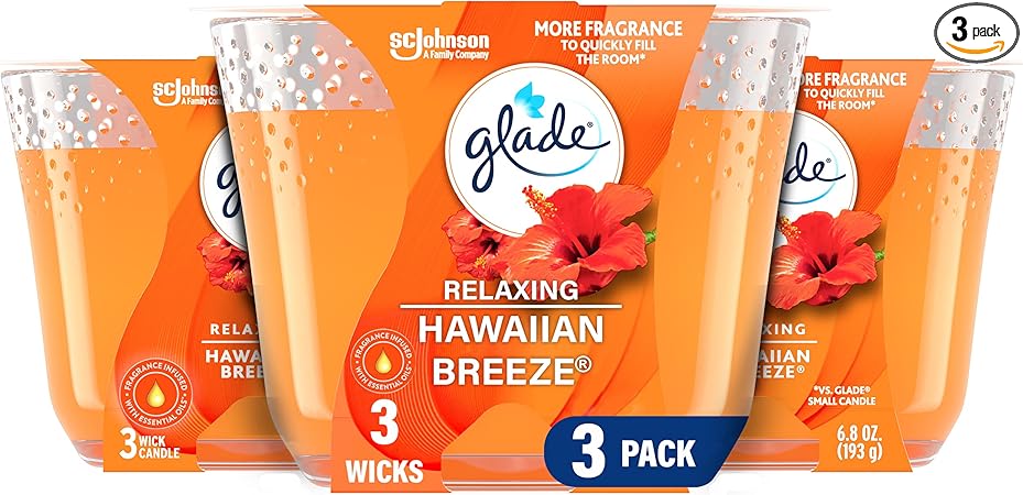 Glade Candle Hawaiian Breeze, Fragrance Candle Infused with Essential Oils, Air Freshener Candle, 3-Wick Candle, 6.8 Oz, 3 Count