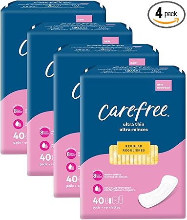 Carefree Ultra Thin Pads for Women, Regular Pads Without Wings, 160ct (4 Packs of 40ct) | Carefree Pads, Feminine Care, Period Pads & Postpartum Pads | 160ct (4 Packs of 40ct)