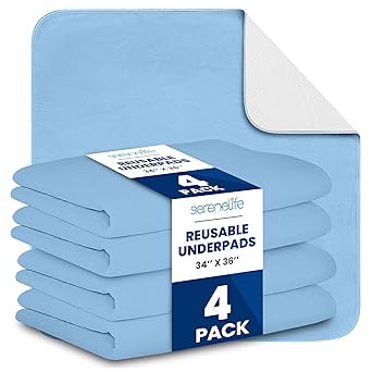 Serenelife Reusable Underpads 4-Pack Incontinence Bed Pads 34 x 36 in | for Adults, Kids & Pets | Super Absorbent & Leak-Resistant | Soft Top Layer for All Skin Types | Washable & Reusable | Blue