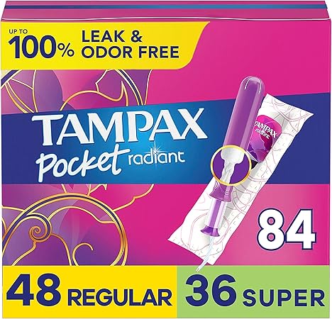 Tampax Pocket Radiant Compact Tampons Duo Pack, Regular/Super Absorbency with BPA-Free Plastic Applicator and LeakGuard Braid, Unscented, 28 Count x 3 Packs (84 Count Total)