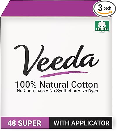 Veeda 100% Natural Cotton Tampons - Super Absorbency with leak proof protection - Compact BPA-Free Applicator - Unscented & Free from Chlorine, Toxin - 48 Count