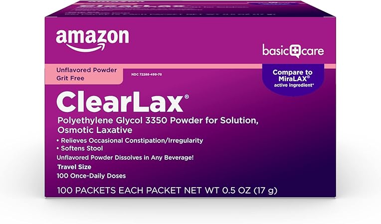 Amazon Basic Care ClearLax Polyethylene Glycol 3350 Powder for Solution, Osmotic Laxative, Softens Stool, Relieves Occasional Constipation, Unflavored, 0.5 Oz (Pack of 100)