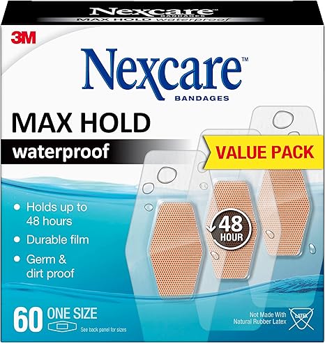 Nexcare Max Hold Waterproof Bandages, Helps Waterproof, Dirtproof, And Germproof Your Wounds, 1.25 x 2.5 in, 60 Count