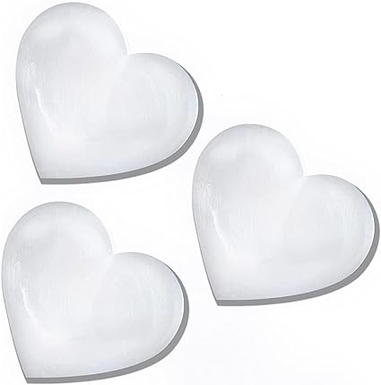 Selenite Crystal Heart Stone, Healing & Calming Quality Crystal, Pocket Massage Heart Worry Stone for Healing, Meditation & Home Décor – Pack of 3