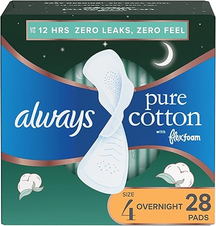 Always Pure Cotton Feminine Pads for Women, Size 4, with Wings, Unscented, 28 Count