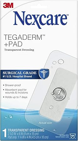 Nexcare Tegaderm Transparent Dressing w/ Pad, Film w/ Pad, Absorbent pad wicks fluid and doesn't stick to your wound, 3.5 In X 6 In