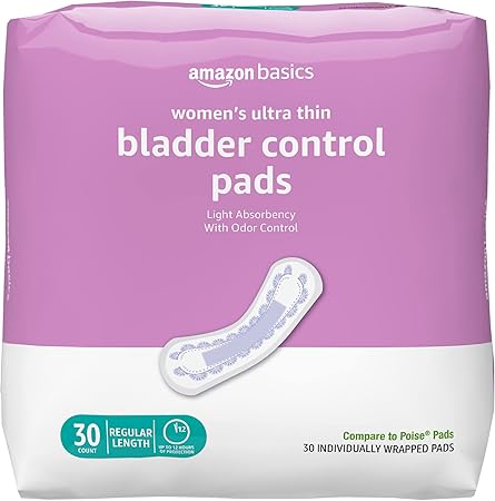 Amazon Basics Women's Incontinence Pads, Bladder Control & Postpartum, Light Absorbency, Unscented, 30 Count, (1 Pack of 30)