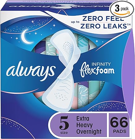 Always Infinity Feminine Pads for Women, Size 5 Extra Heavy Overnight, with wings, unscented, 22 Count x 3 Packs (66ct Total)