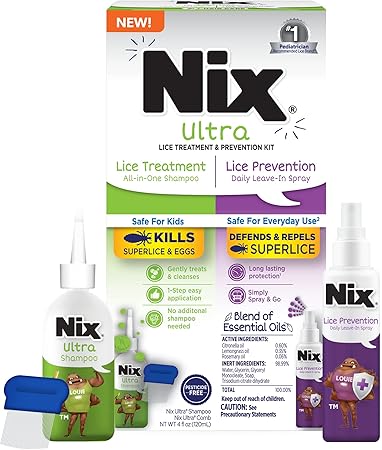 Nix Lice Treatment & Prevention Kit, All-in-One Shampoo, 4 fl oz, with Lice Removal Comb and Lice Prevention Daily Leave-in Spray, 6 fl oz