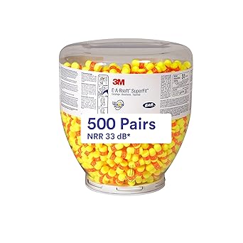 3M Ear Plugs, 500 Pair/Refill Bottle for One Touch Dispenser, E-A-Rsoft SuperFit 391-1254, Uncorded, Disposable, Foam, NRR 33, Drilling, Grinding, Machining, Sawing, Sanding, Welding, Yellow/Red