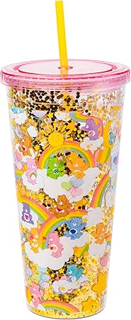 Silver Buffalo Care Bears Rainbow Stars Gold Confetti Cold Cup Featuring Funshine Bear, Grumpy Bear, Good Luck Bear, Bedtime Bear, Cheer Bear, and Tenderheart Bear, 32 Ounces