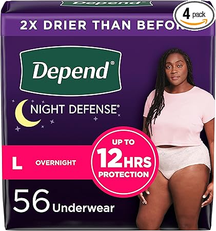 Depend Night Defense Adult Incontinence & Postpartum Bladder Leak Underwear for Women, Disposable, Overnight, Large, Blush, 56 Count (4 Packs of 14), Packaging May Vary