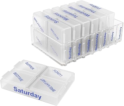 EZY DOSE Weekly (7-Day) Pill Case, Medicine Planner, Vitamin Organizer Box, Pop-Out Compartments, 4 Times a Day, Pocket Sized and Travel Friendly, Clear Lids, BPA Free