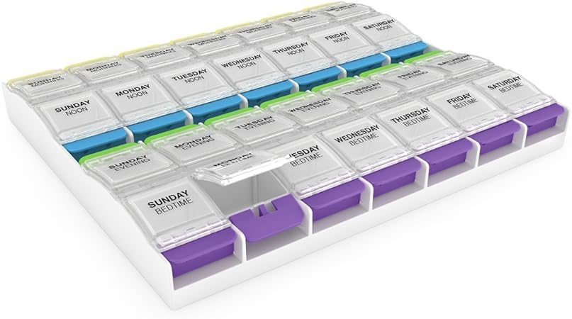 EZY DOSE Weekly (7-Day) Pill Case, Medicine Planner, Vitamin Organizer Box, 4 Times a Day, X-Large Push-Button Compartments, Convenient and Easy to Use, White and Clear Lids, BPA Free