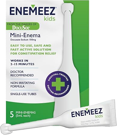 DocuSol Enemeez Kids Enema, Mini-Enemas for Ages 2-12, Docusate Sodium Stool Softener, Fast-Acting Constipation Relief, Promotes Bowel Movement in 2-15 Minutes, 5 Single-Use 5ml Disposable Tubes