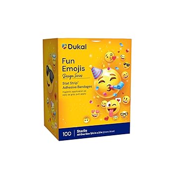 Dukal Design Series Fun Emojis Adhesive Bandages with Stat Strip® Technology, ¾” x 3” (Box of 100)