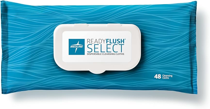 Medline ReadyFlush Select Dispersible Cleansing Cloths, Fragrance-Free, 1 Pack - Premoistened with Gentle, Hygienic, and Eco-Friendly Personal Care Solution