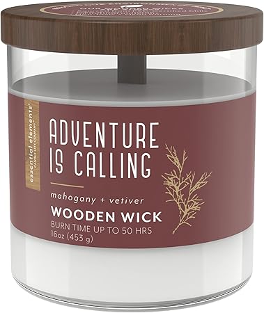 Essential Elements by Candle-lite Wood Wick Scented Candle, Adventure is Calling, One 16 oz. Single-Wick Aromatherapy Candle with 50 Hours of Burn Time, White