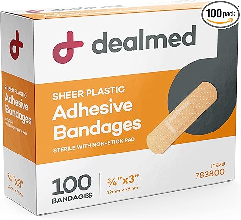 Dealmed Sheer Plastic Flexible Adhesive Bandages – 100 Count (1 Pack) Bandages with Non-Stick Pad, Latex Free, Wound Care for First Aid Kit, 3