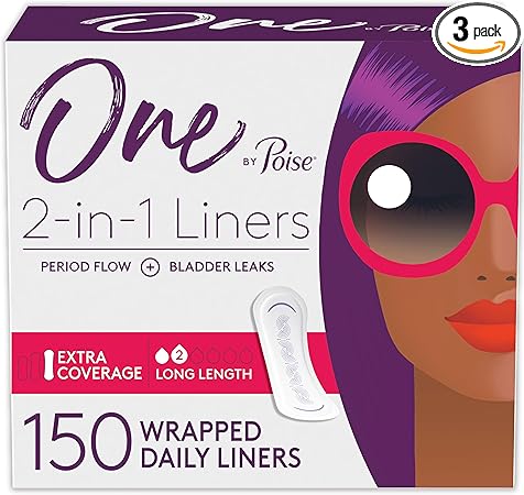 One by Poise Panty Liners (2-in-1 Period & Bladder Leakage Daily Liner), Long, Extra Coverage for Period Flow, Very Light Absorbency for Bladder Leaks, 150 Count (3 Pack of 50)