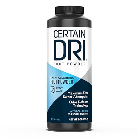 Certain Dri Foot Powder for Men & Women, Maximum Sweat Absorption, Moisture & Odor Control, Itch-Free Shoe Deodorizer, Talc-Free Formula, Gentle on Sensitive Skin, Calamine Scent, 8 oz