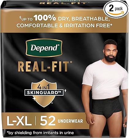 Depend Real Fit Incontinence Underwear for Men, Disposable, Maximum Absorbency, Large/Extra Large, Black, 52 Count (2 packs of 26), Packaging May Vary