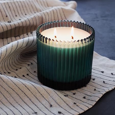 Roland Pine Two-Wick Forest Green Ribbed Glass Candle