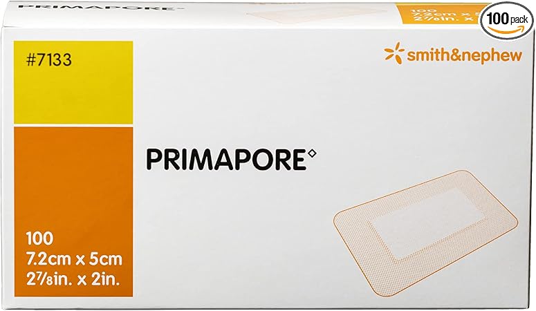 Smith & Nephew 7133 PRIMAPORE Peripheral IV Adhesive Dressing, Adhesive Non-Woven Island Dressing, Pack of 100