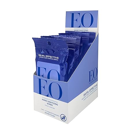 EO Hand Cleansing Wipes, 10 Wipes (Pack of 6), French Lavender, Plant Derived Alcohol with Pure Essential Oils