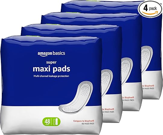 Amazon Basics Thick Maxi Pads for Periods, Super Absorbency, Unscented, 192 Count (4 Packs of 48) (Previously Solimo)