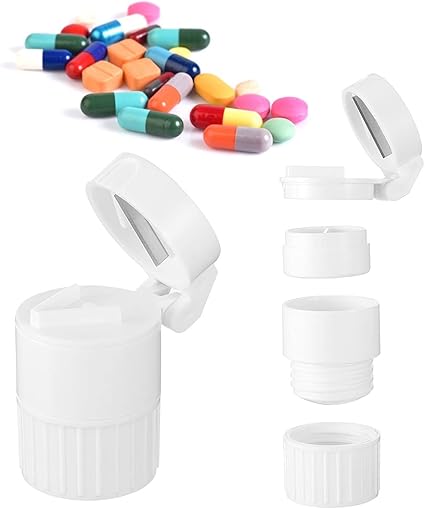 Pill Cutter and Grinder - 4 in 1 Pill Cutter and Crusher and Storage Pill Box and Water Cup, Travel Multifunctional Pill Organizer Pill Splitter Daily Pill Dispenser for Kid Men Women Elderly (White)