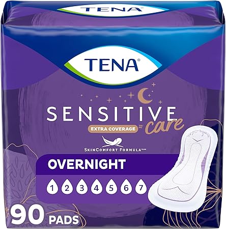 TENA Incontinence Pads, Bladder Control & Postpartum for Women, Overnight Absorbency, Extra Coverage, Sensitive Care - 90 Count