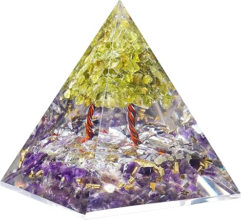 Crocon Orgone Amethyst Crystal Pyramid Filled with Peridot Tree for Reiki Healing Bonsai Money Tree Crystals Good Luck Home Decor Office Kitchen Halloween Decoration Gift Size 60-70 mm