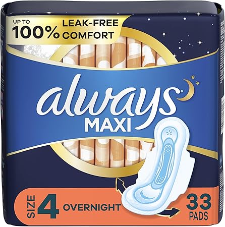 Always Maxi Overnight Pads with Wings, Size 4, Overnight, Unscented, 33 CT