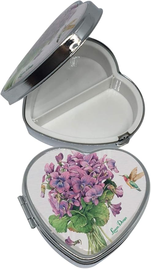 Lissom Design Pill Boxes - Small Pillbox for Purse or Pocket, Travel Organizer for Medicine or Jewelry, 2-Compartments, Sweet Violets - Heart Shaped