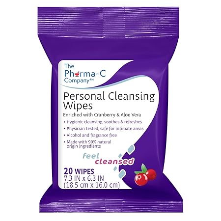 The Pharma-C Company Personal Cleansing Wipes [20 wipes] - Enriched with Cranberry & Aloe Vera. Feminine Intimate Hygiene Wipe. 99% Natural Origin.