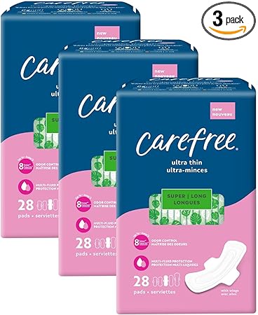 Carefree Ultra Thin Pads for Women, Super/Long Pads With Wings, 84ct (3 Packs of 28ct) | Carefree Pads, Feminine Care, Period Pads & Postpartum Pads | 84ct (3 Packs of 28ct)