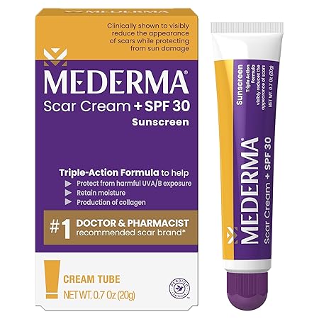 Mederma Scar Cream Plus SPF 30, Sunscreen, Protects from Sun Damage, Reduces the Appearance of Scars, 0.7 Ounce, 20 grams (Packaging May Vary)