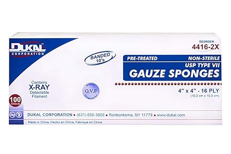 Dukal 4416-2X Gauze Sponge, Type VII, Non-Sterile, X-Ray Detect, 16-Ply, Banded 10's Premium, 4