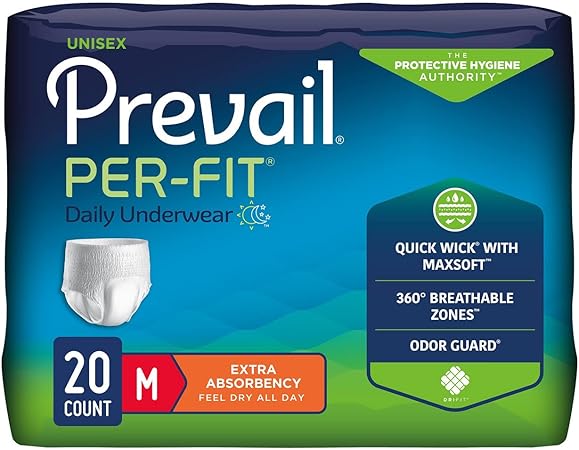 Prevail Per-Fit Daily Protective Underwear, Unisex Adult Disposable Adult Diaper for Men & Women, Extra Absorbency, Medium, 20 Count Bag