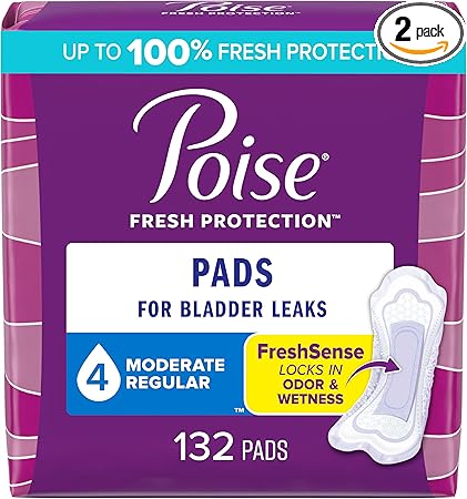 Poise Incontinence Pads & Postpartum Incontinence Pads, 4 Drop Moderate Absorbency, Regular Length, 132 Count, Packaging May Vary