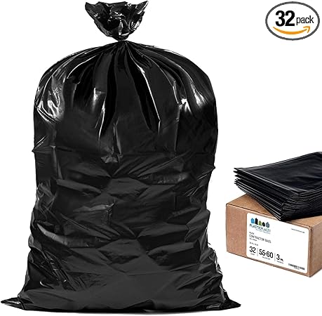 Plasticplace Contractor Trash Bags 55-60 Gallon │ 3.0 Mil │ Black Heavy Duty Garbage Bag │ 38” x 58” (32 Count), CON55A