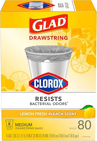 Glad Trash Bags, Medium Drawstring Garbage Bags with Clorox, 8 Gallon Grey Trash Bags, Lemon Fresh Bleach Scent, (Package May Vary), Lemon, 80 Count