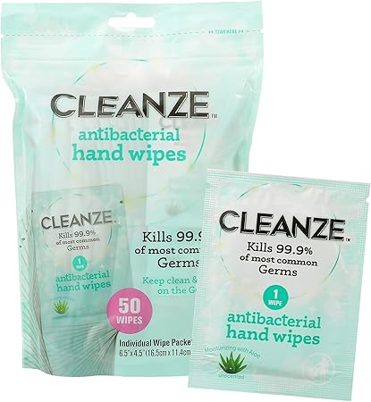 Antibacterial Hand Sanitizing Individual Hand Wipe Packets, 50 Unscented Disinfecting Hand Sanitizer Wipes with Aloe for Travel, Kills 99.9% of Germs