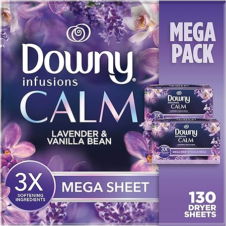 Downy Infusions Mega Dryer Sheets, Laundry Fabric Softener, CALM, Lavender and Vanilla Bean, 130 Count