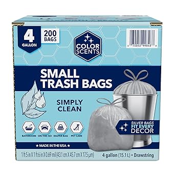 Color Scents Small Trash Bags - 4 Gallon, 200 Bags (1 Pack of 200 Count), Drawstring - Silver Bag in Simply Clean Scent