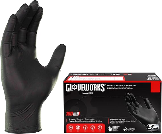 GLOVEWORKS Black Disposable Nitrile Industrial Gloves, 5 Mil, Latex & Powder-Free, Food-Safe, Textured