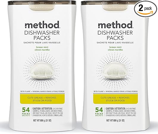 Method Dishwasher Detergent Pacs (Pack of 2) - 1.94 pounds | Lemon Mint | Dishwashing Rinse Aid to Lift Tough Grease and Stains | 54 Dishwasher Tabs per Package